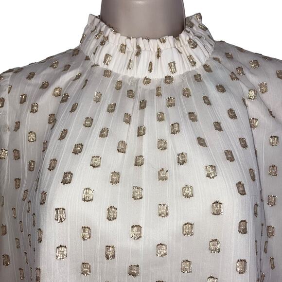 NWT Loft White and Gold Metallic Petite Ruffle Smocked Lined Sheer Blouse-Medium - Picture 6 of 13